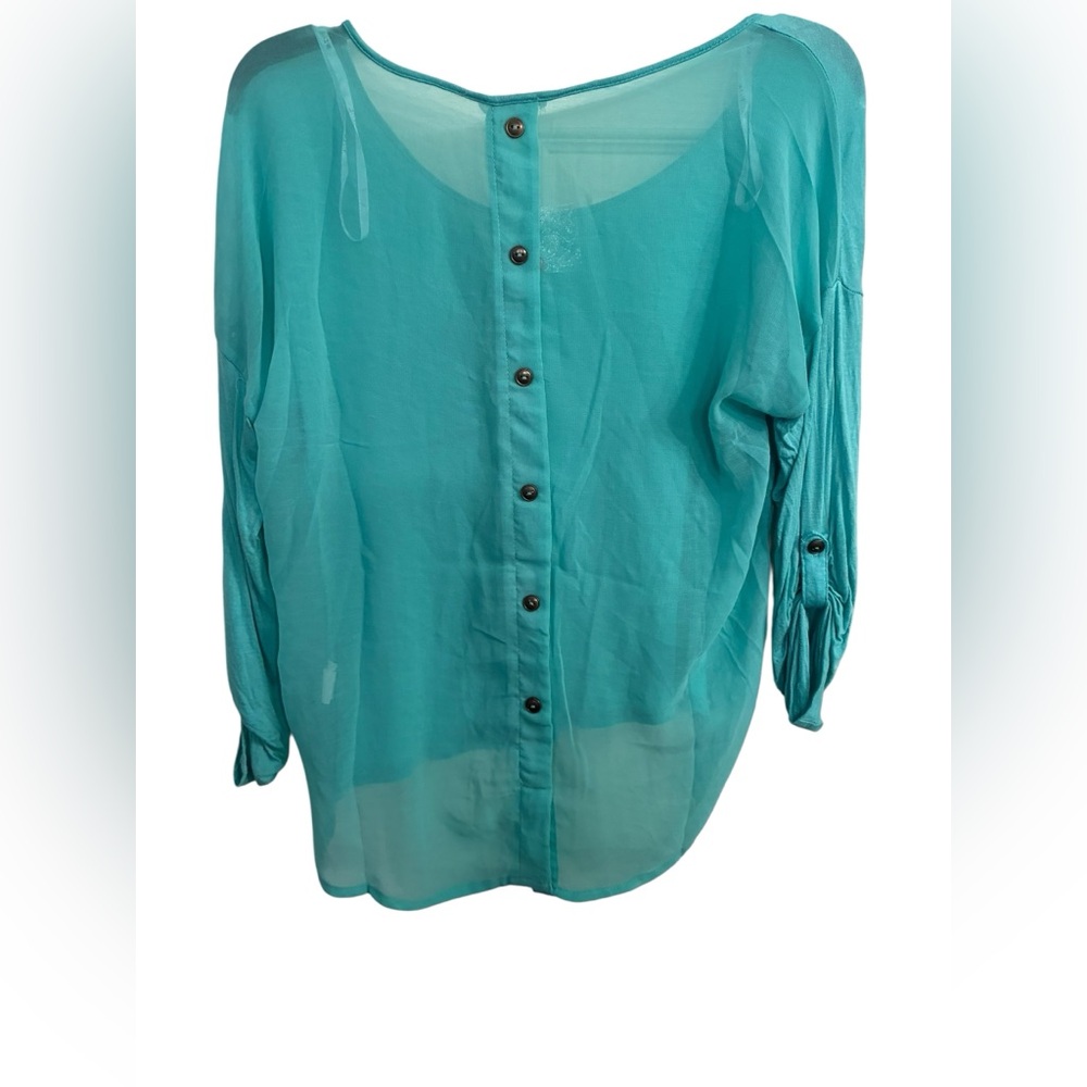 mine Teal Sheer Button-Back Blouse